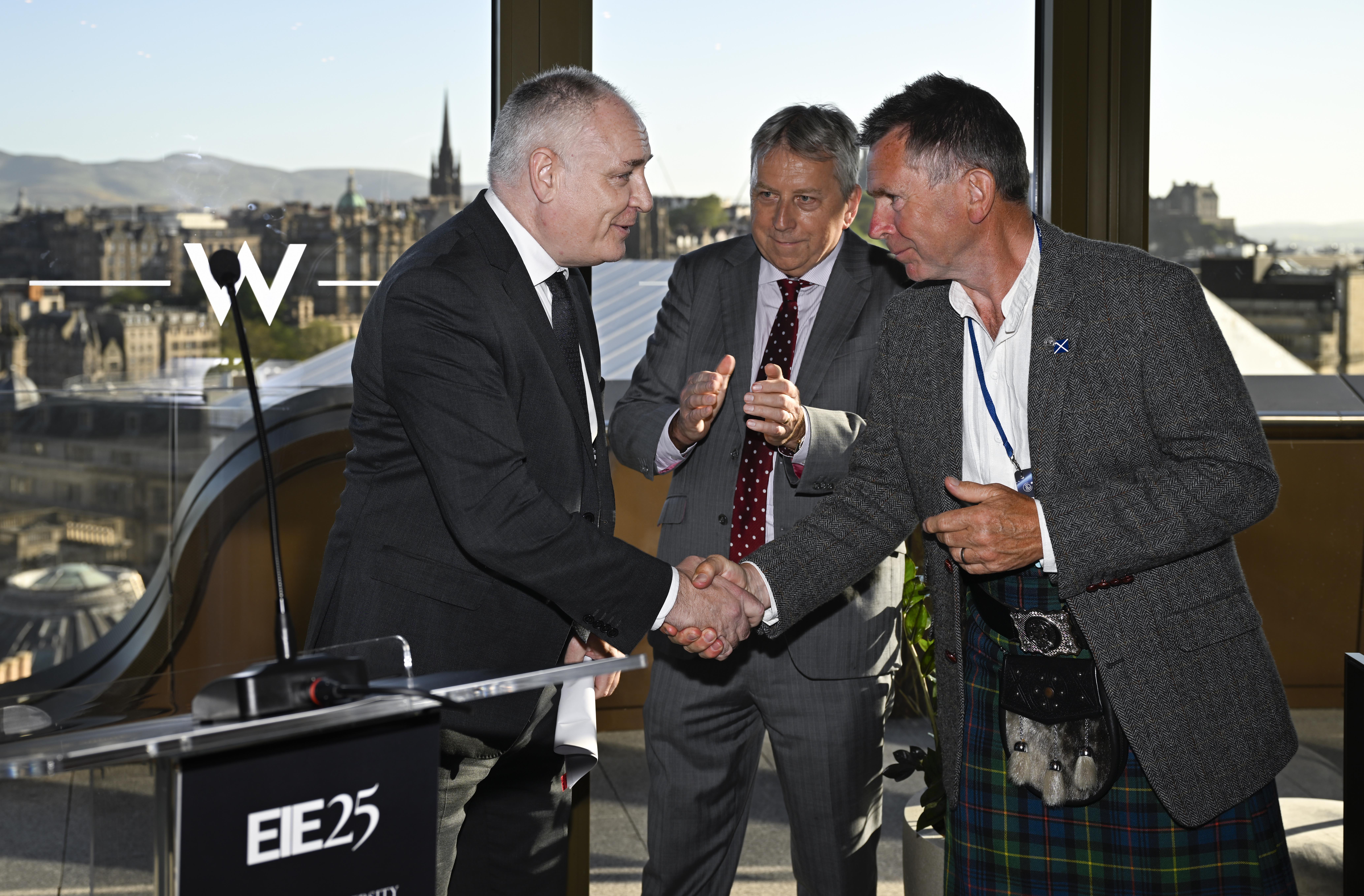 L-R Richard Lochhead MSP, Principal and Vice Chancellor of the University of Edinburgh Professor Sir Peter Mathieson, and David Farquhar, president of the Tech Tour Growth Deep Tech event