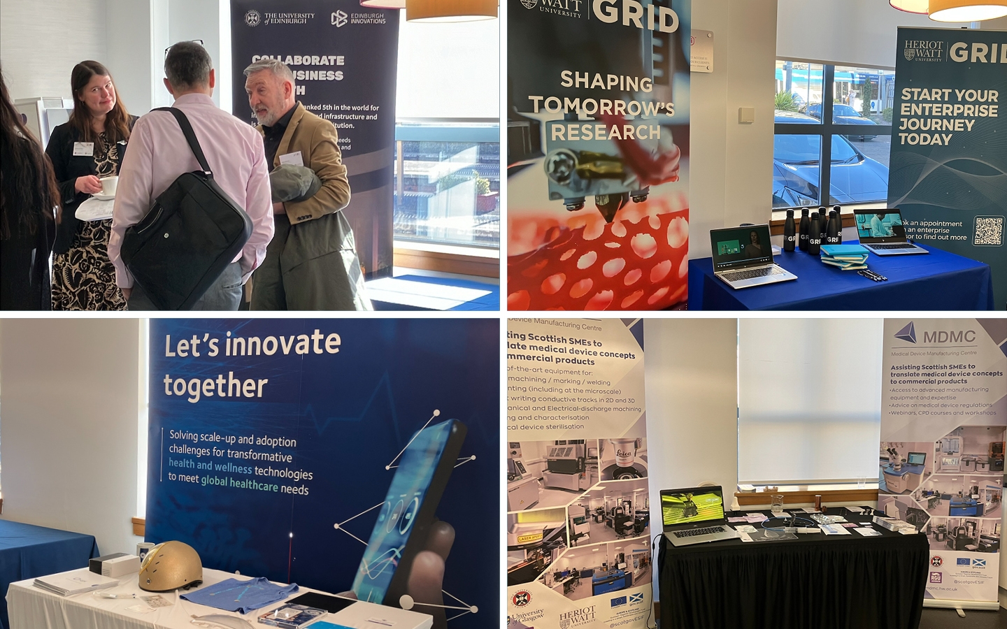 Information stands from Edinburgh Innovations, CPI, MDMC, and Heriot-Watt University