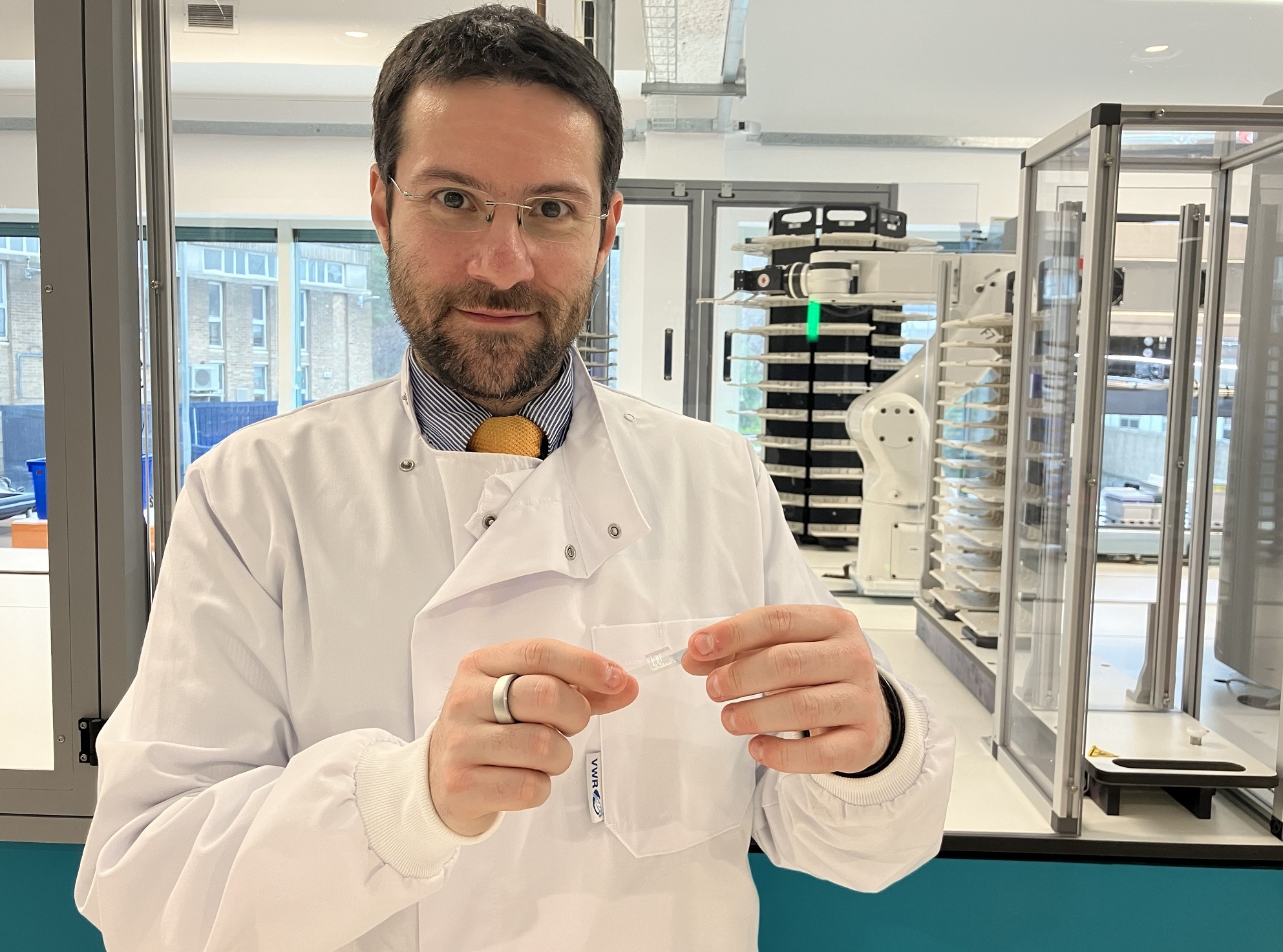 Filippo Menolascina with his CybergenX technology inside the Edinburgh Genome Foundry