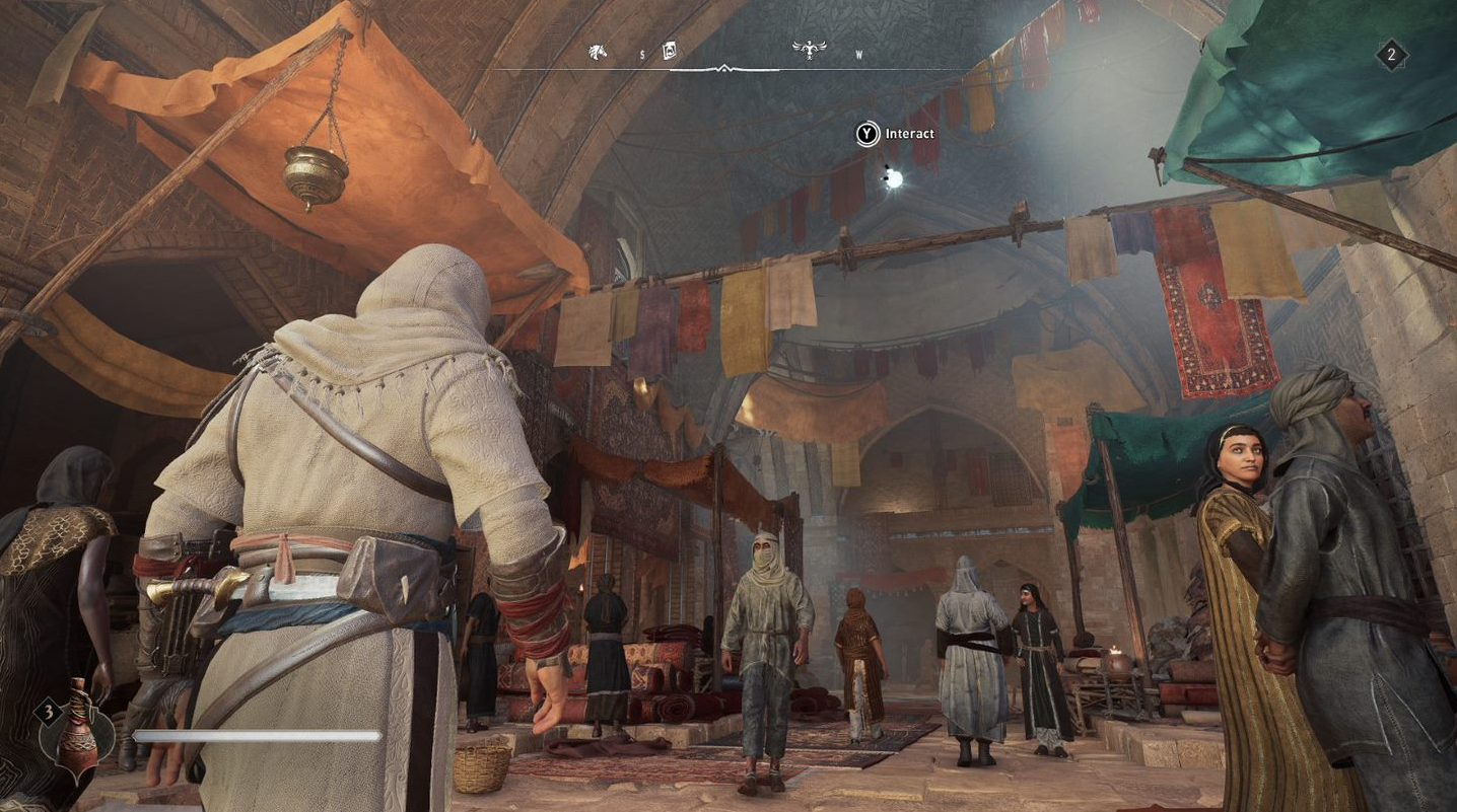 In-game image of Basim in the Bazaar from Mirage, from where the codex feature can be accessed