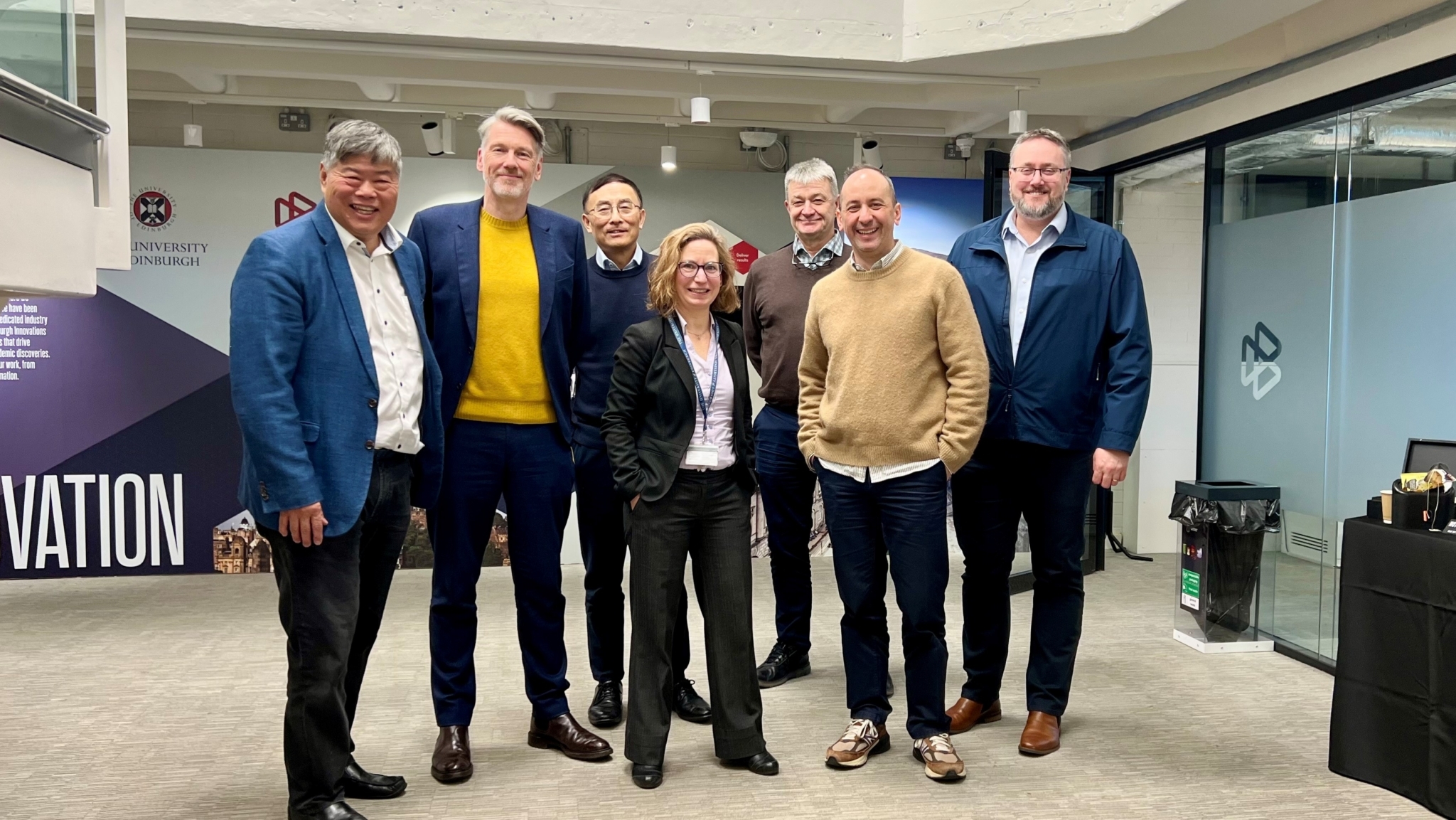 L-R Iggy Tan of Lithium Universe, Professor Love, Jingyuan Liu of Lithium Universe, Teresa Raventos of Edinburgh Innovations (EI), Krzysztof Szarzynski of Lithium Universe, Nessim Kichik of EI, Jon Sobolewski of Lithium Universe.