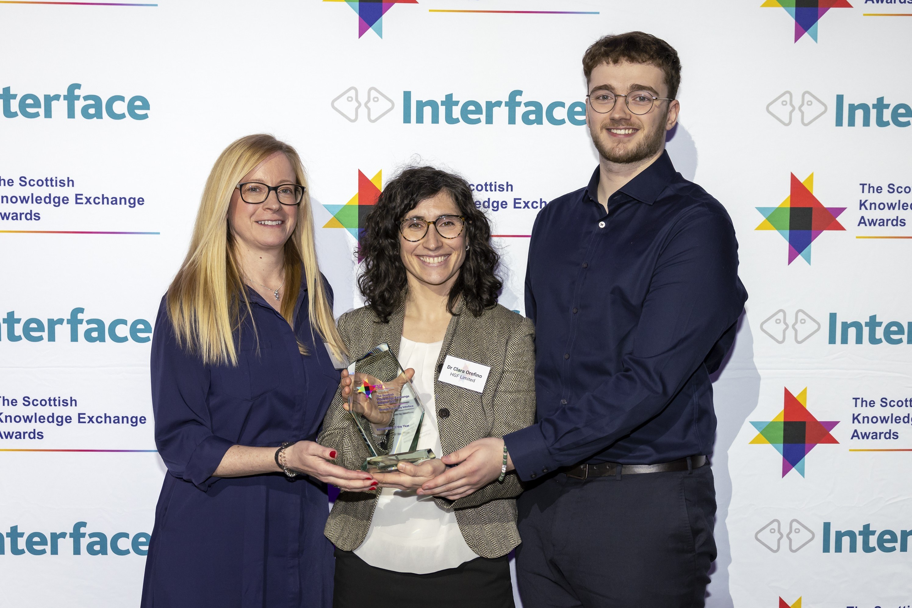 Innovation of the Year: L-R Louise Arnold of Interface, Dr Clara Orofino of sponsor HGF Ltd and James Taylor, co-founder of SolarSub.