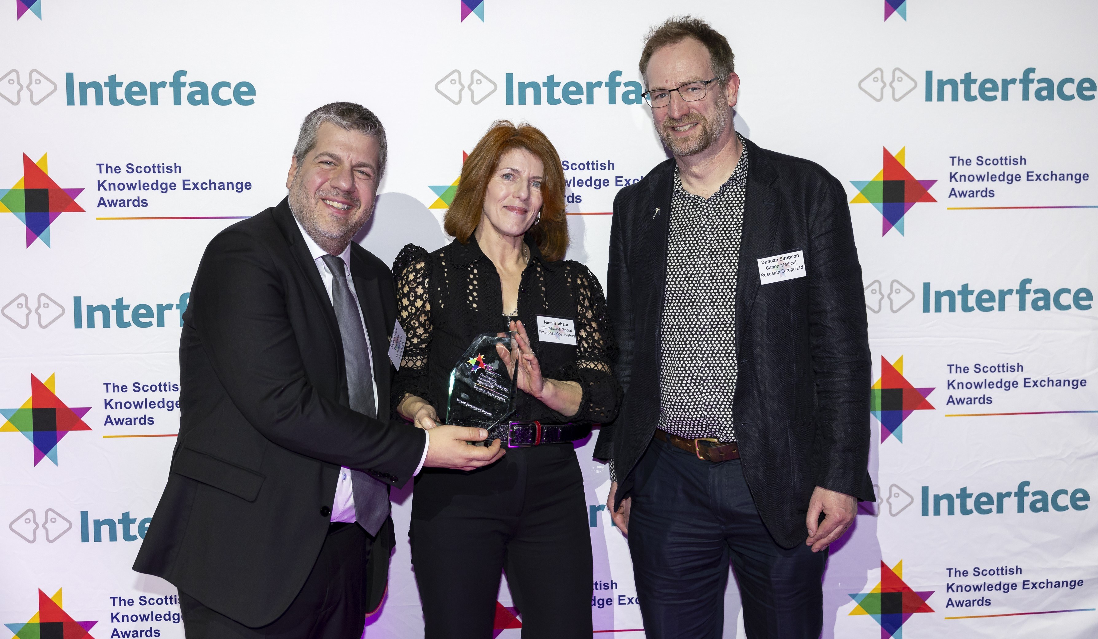 Inward Investment Impact winners L-R: Professor Sotos Tsaftaris; Nina Graham of the International Social Enterprise Observatory; Duncan Simpson of Canon Medical Research Europe.