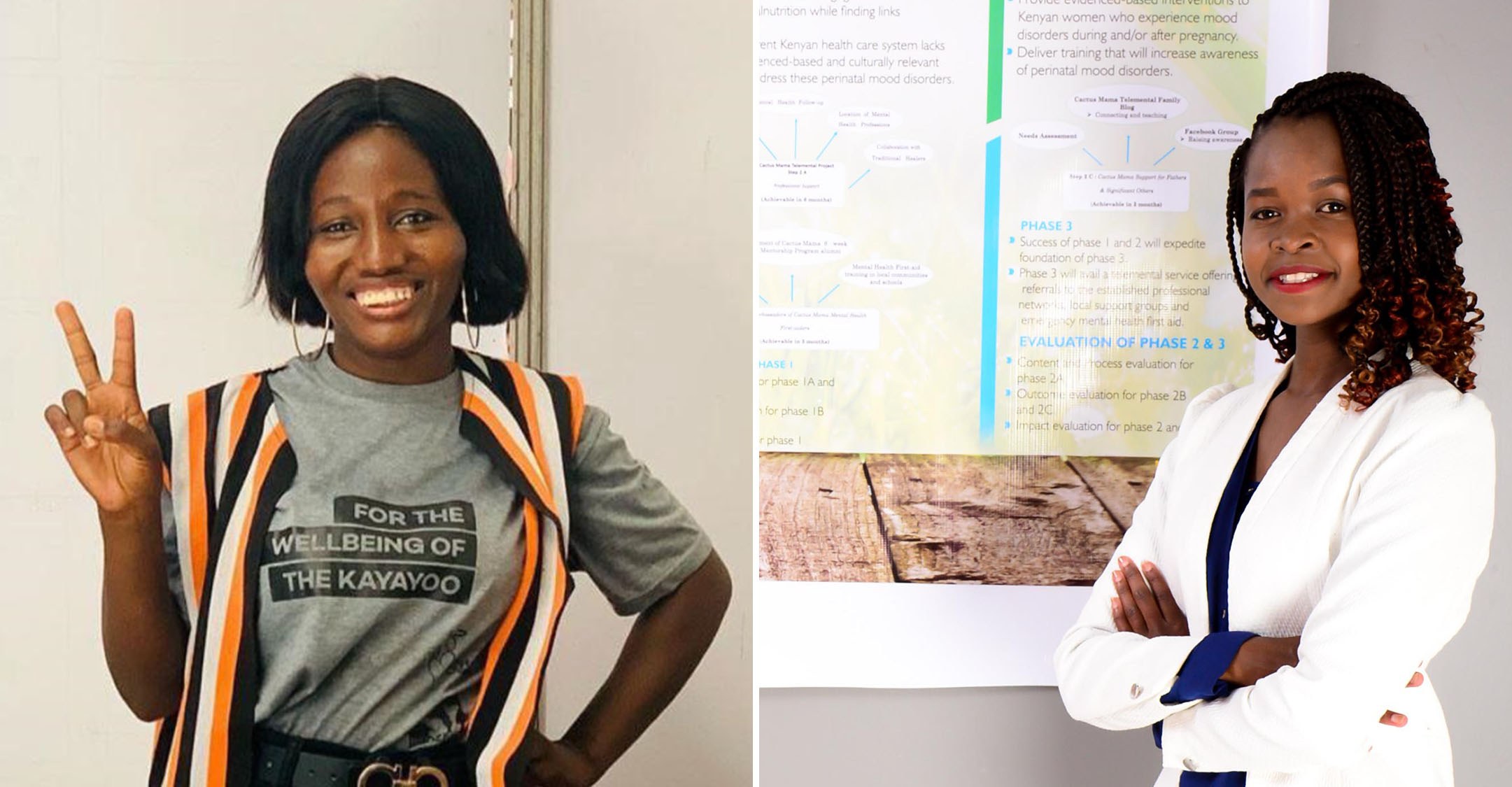 Left: Teni Agana, founder of Loozeele Initiative; right: Faith Kipkemboi, founder of Cactus Mama Telemental Services.